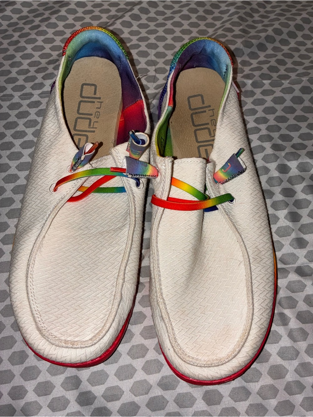 Hey Dude Womens White Canvas Shoes with Rainbow Accents